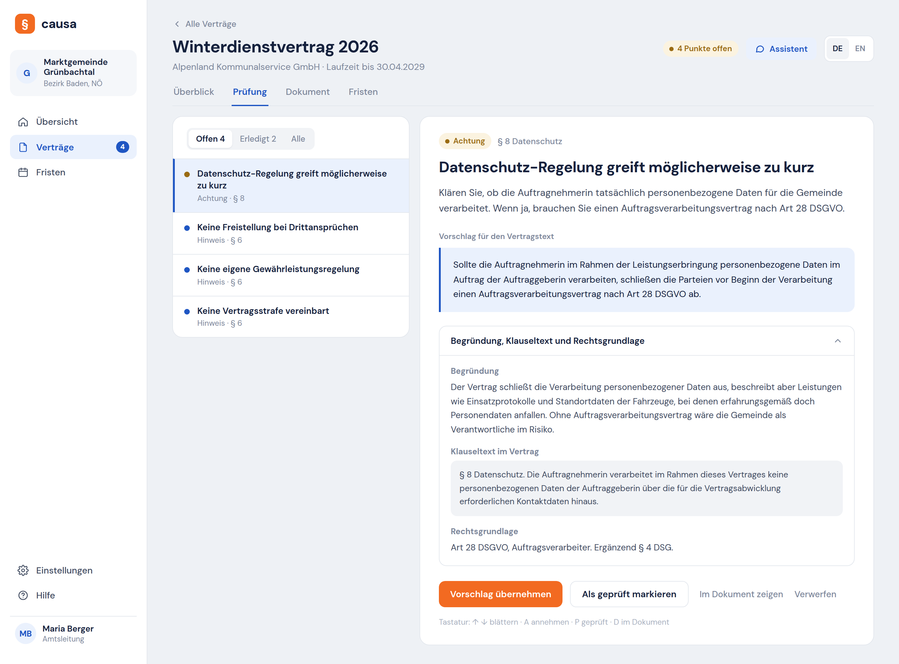 Detailansicht eines Befunds in Causa mit Begründung, Klauseltext und Rechtsgrundlage