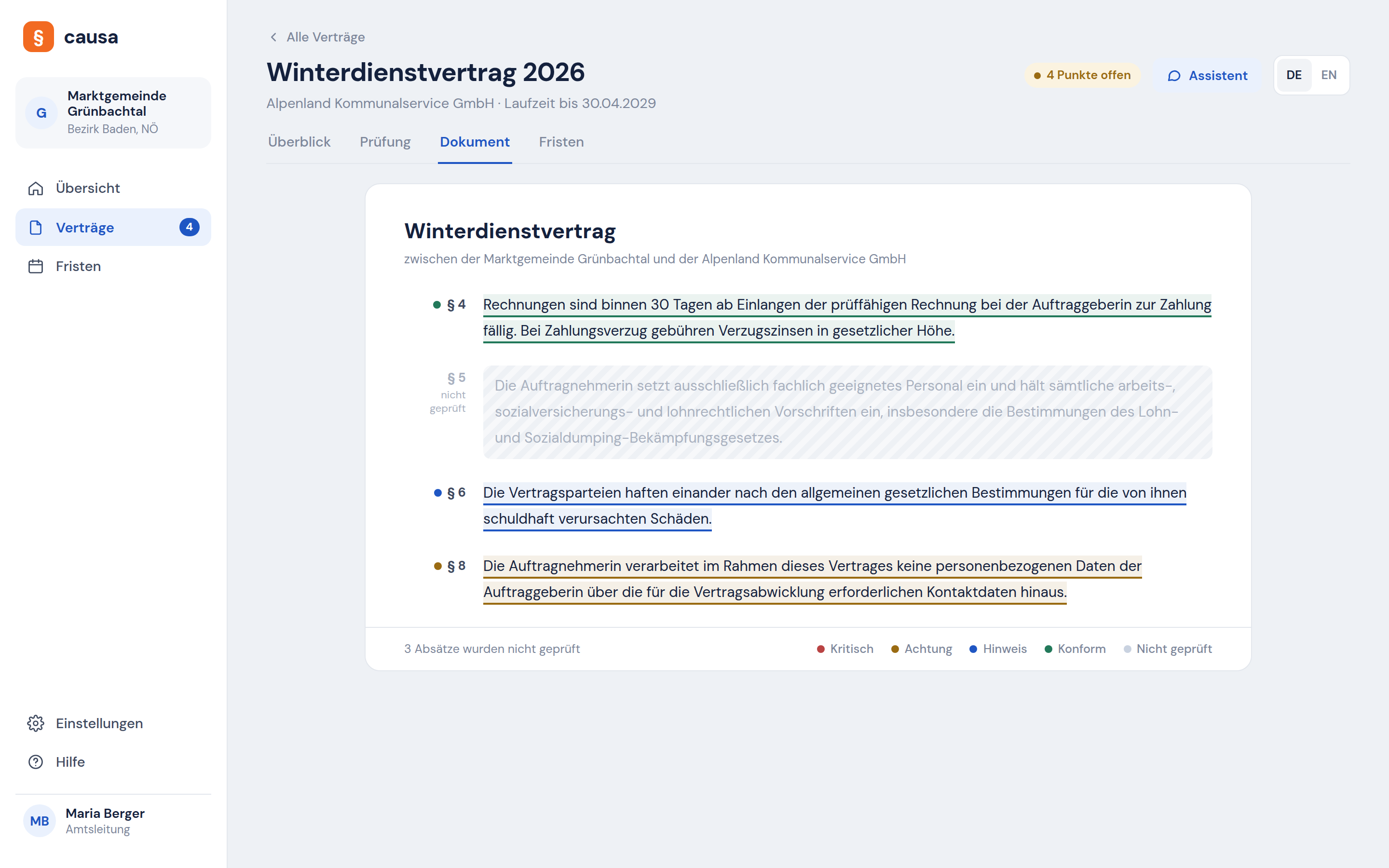 Vertragstext in Causa mit farblich markierten Befunden und nicht geprüften Absätzen