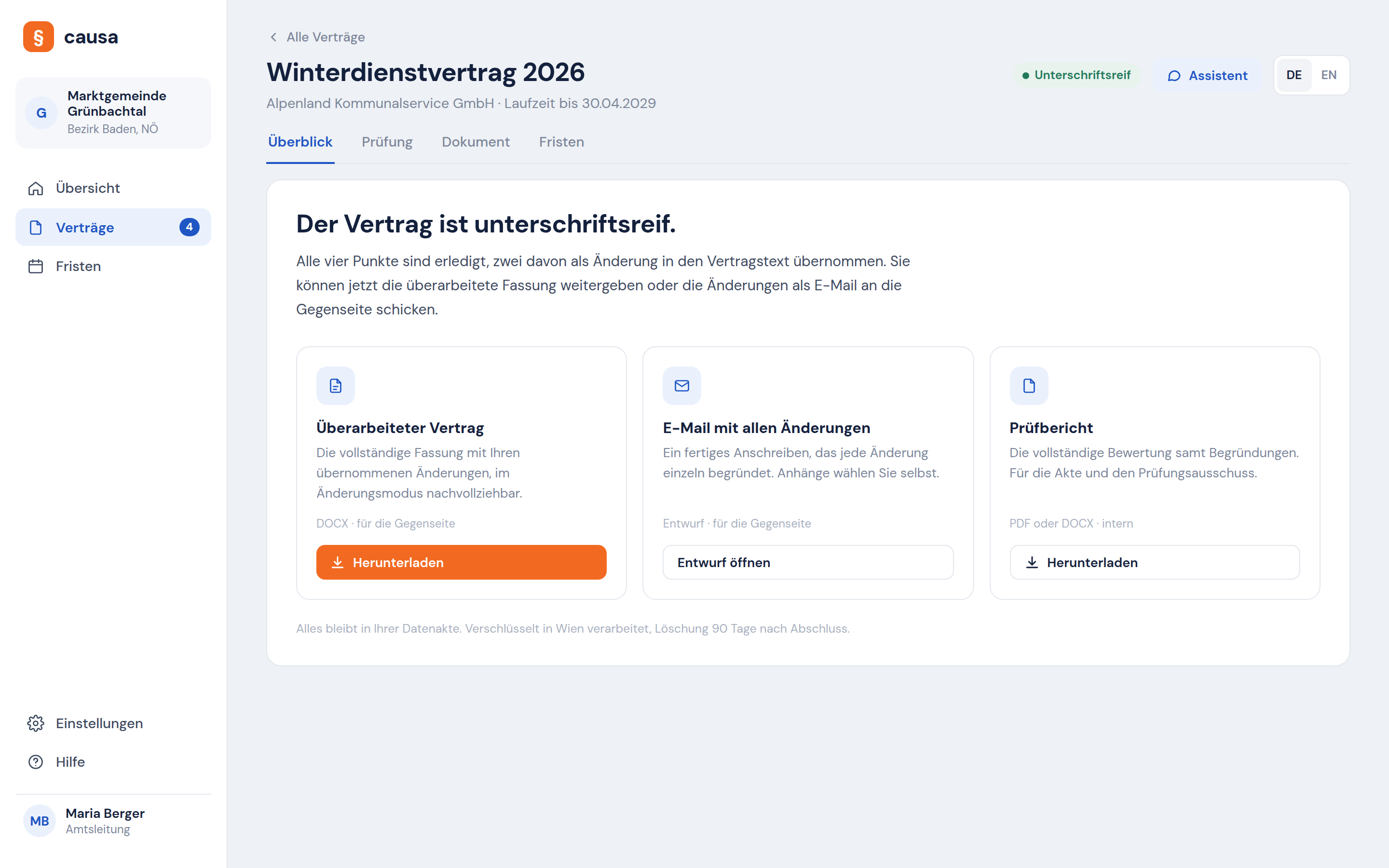 Abschlussansicht in Causa mit überarbeitetem Vertrag, E-Mail-Entwurf und Prüfbericht